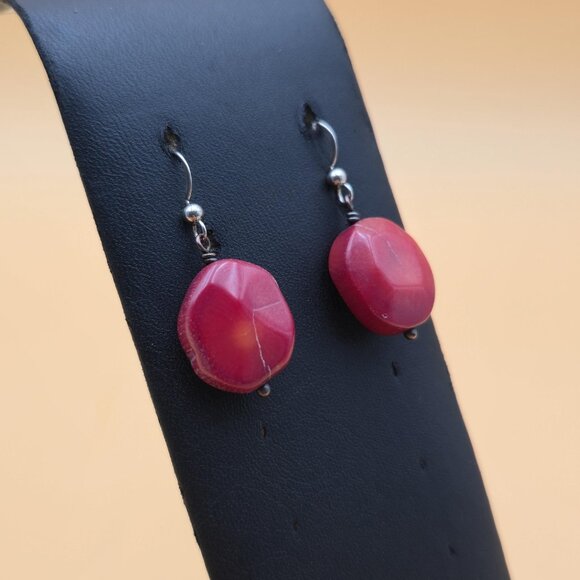 Sterling Silver Red Coral Chunk Dangle Earrings A5274 - Picture 2 of 5